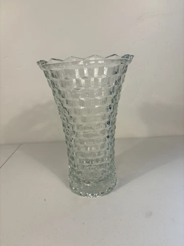 Vintage Fostoria American Block/cube vase, 10" tall, 6.5" wide, flared out