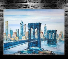 ORIGINAL OIL PAINTING VINTAGE MID-CENTURY MODERN BROOKLYN BRIDGE NYC CITYSCAPE