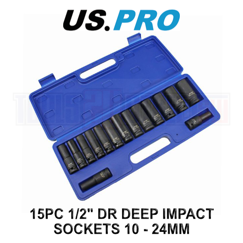 US PRO Tools 15pc 1/2"" Dr 6 Point Deep Impact Sockets Set 10mm to 24mm 3780