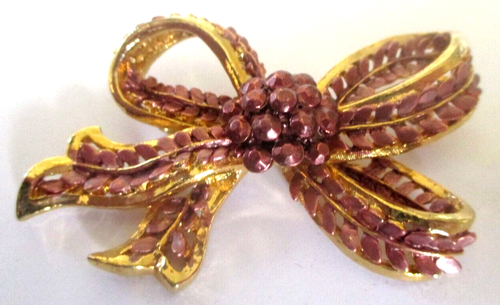 Grande Broche Nœud Or Avec émail Et Améthyste - Bijou Vintage Rare, Superbe