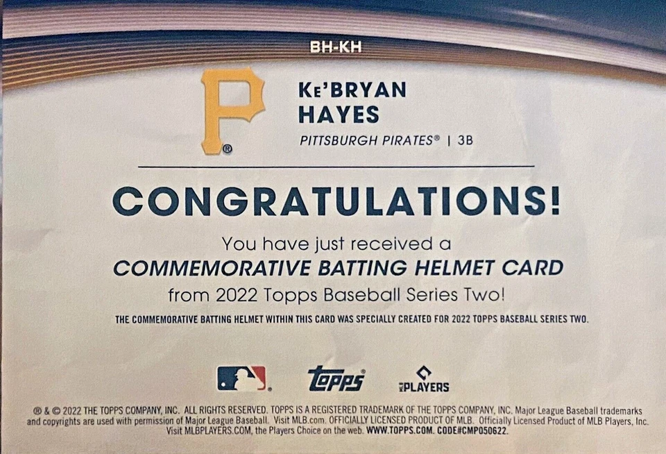 Ke’BRYAN HAYES 2022 Topps  Commemorative Batting Helmet Card #BH-KH  - Image 2 of 2