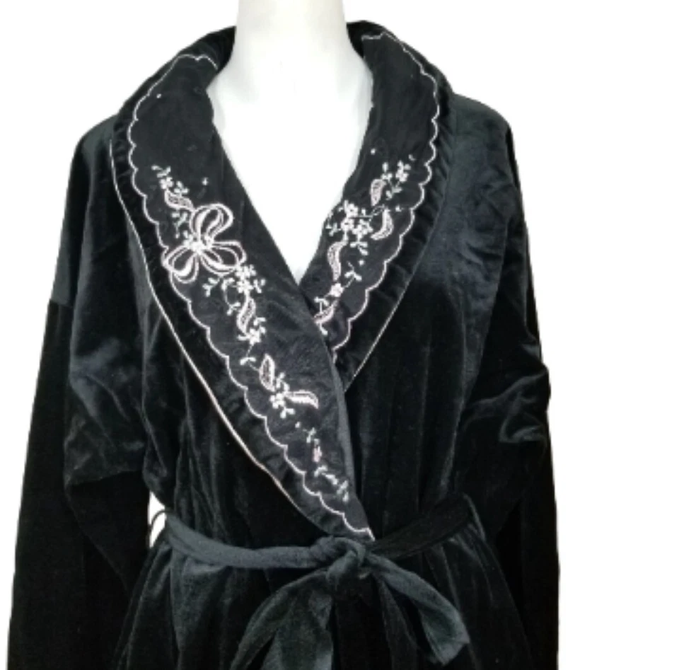 Bata de terciopelo vintage Gilligan O'Malley para mujer negra bordada floral talla grande Foto 4 de 4