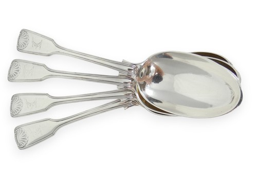 Antique Edwardian 1901 Set of 4 Sterling Silver Tablespoons Fiddle Thread Shell - Picture 2 of 12