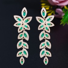 Green CZ 925 Sterling Silver Leaf Dangle Drop Women Earrings Wedding Costume