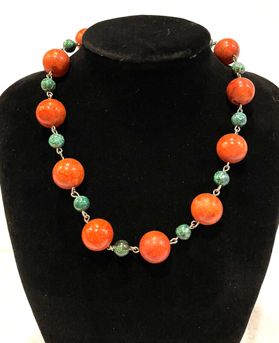 Vintage Natural Red Sponge Coral And Chrysocolla Beaded Necklace 925 Bracelet - Picture 2 of 24