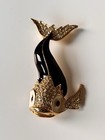 Vintage 80er Fisch Trachten Brosche Koi schwarz gold Strass Statement Schmuck 