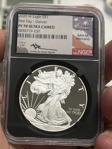 2020-W $1 Proof Silver Eagle NGC PF70 Mercanti Signature FDOI DENVER Black Core