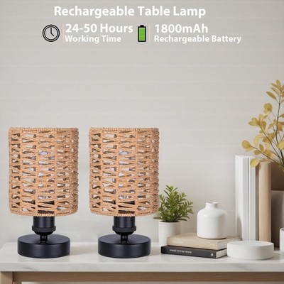 Pssopp Cordless Boho Rattan Table Lamp – 3-Color Touch Dimming, 120LM, 1800mAh USB-C Rechargeable, White, For Indoor/Outdoor