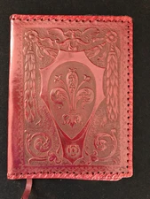 Vintage Embossed Red Leather Book Cover Hand Tooled, Braided, Fleur-der-lis