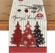 Xmas Trees Snowflakes Stripes Merry Christmas Table Runner, Seasonal Winter Holi