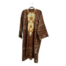 Vintage West African Grand Boubou Kaftan Robe Embroidery Batik Brown Gold Unisex