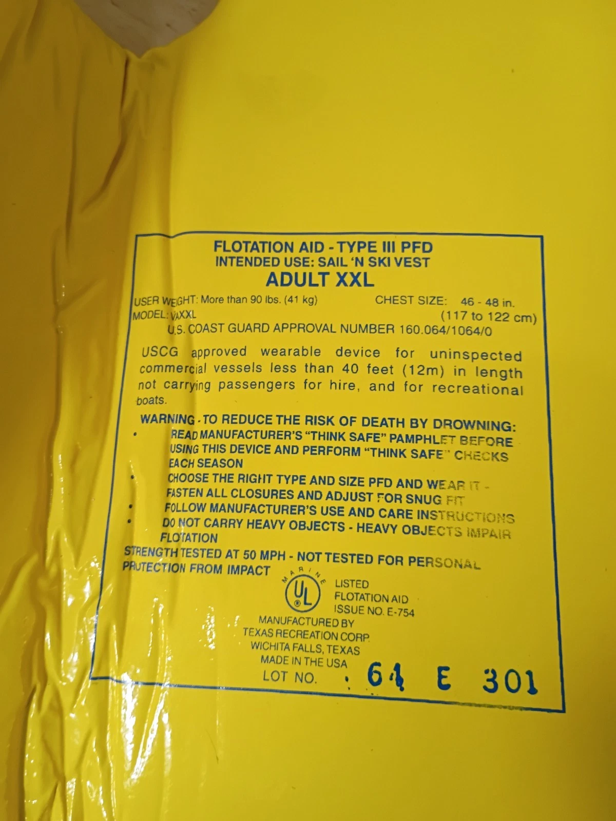 TRC Recreation Super Soft Vinyl Coated Foam Yellow Life Jacket Size Adult XXL image 4