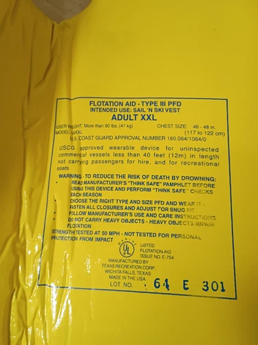 TRC Recreation Super Soft Vinyl Coated Foam Yellow Life Jacket Size Adult XXL image 4