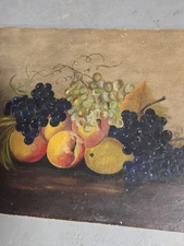 Old Primitive Antique 1800s Fruit Grapes Pears Peaches Still Life Oil Painting