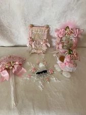 LOT OF 5 SHABBY PINK CHRISTMAS ORNAMENTS W ROSES ASSORTED