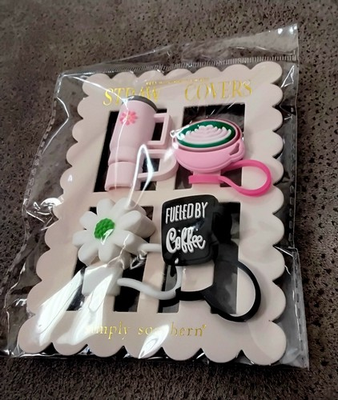 #ad Simply Southern Silicone Straw Covers Set Of 4 Coffee Themed Straw Topper New $10.25