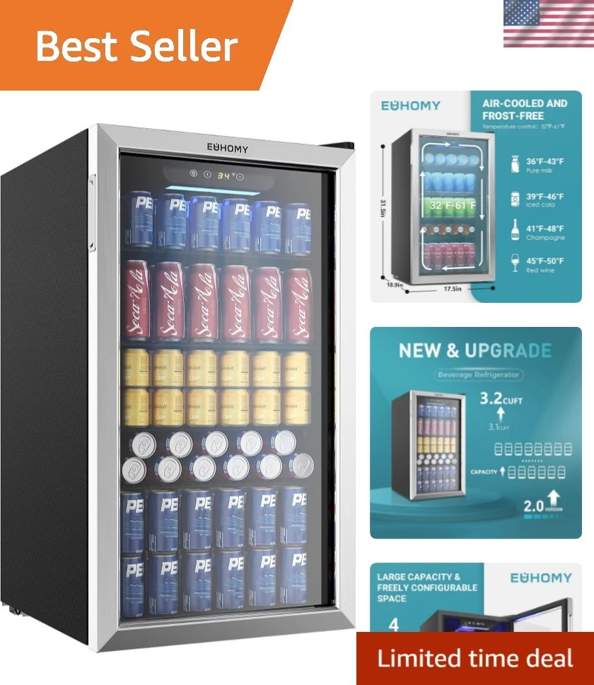 Beverage Refrigerator Cooler, 130 Can Mini Fridge with Glass Door for Soda Be...