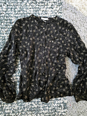 Liz Claiborne Black White Floral Silk Long Sleeve Button Blouse 14