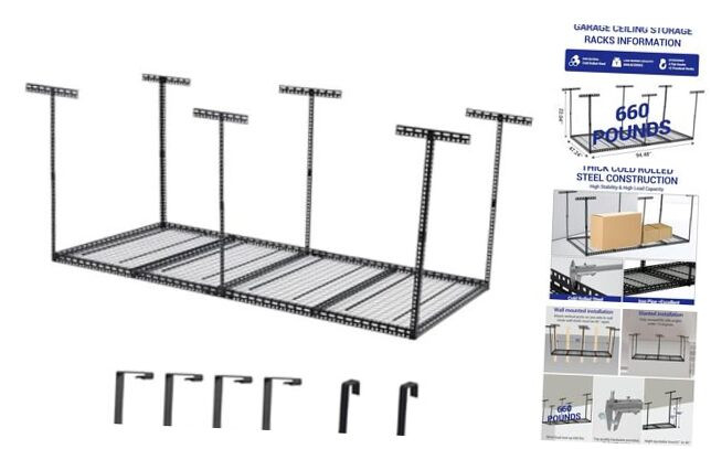 4x8 FT Overhead Garage Storage Rack, Adjustable Garage Storage Organization