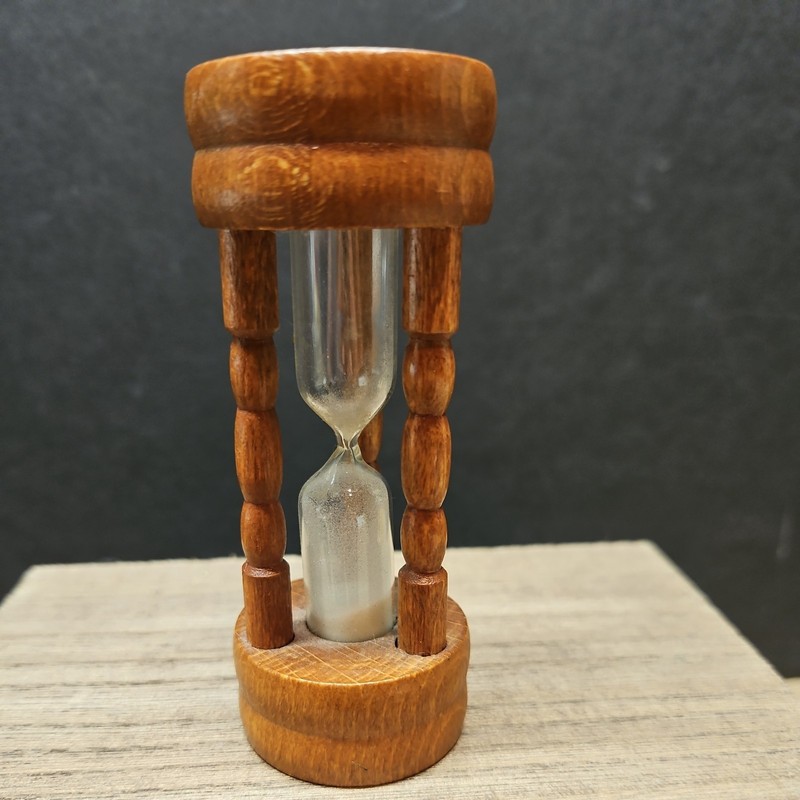 Vintage 1970s MCM Carved Wood Glass 4" Hourglass Sand Timer SEE DESCRIPTION