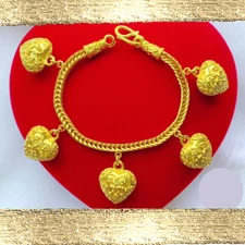 Heart Charm Bracelet 24K Thai Gold Plated 1 Baht Handmade Ornate Design Gift Her