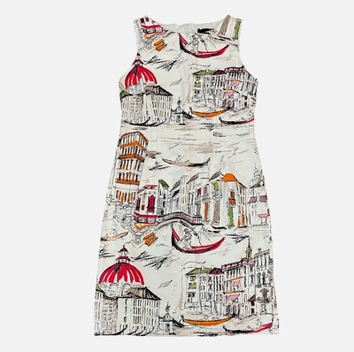 Venice Theme Sleeveless Cotton White Dress Sz 6 Leslie Fay Chetta B Knee Length