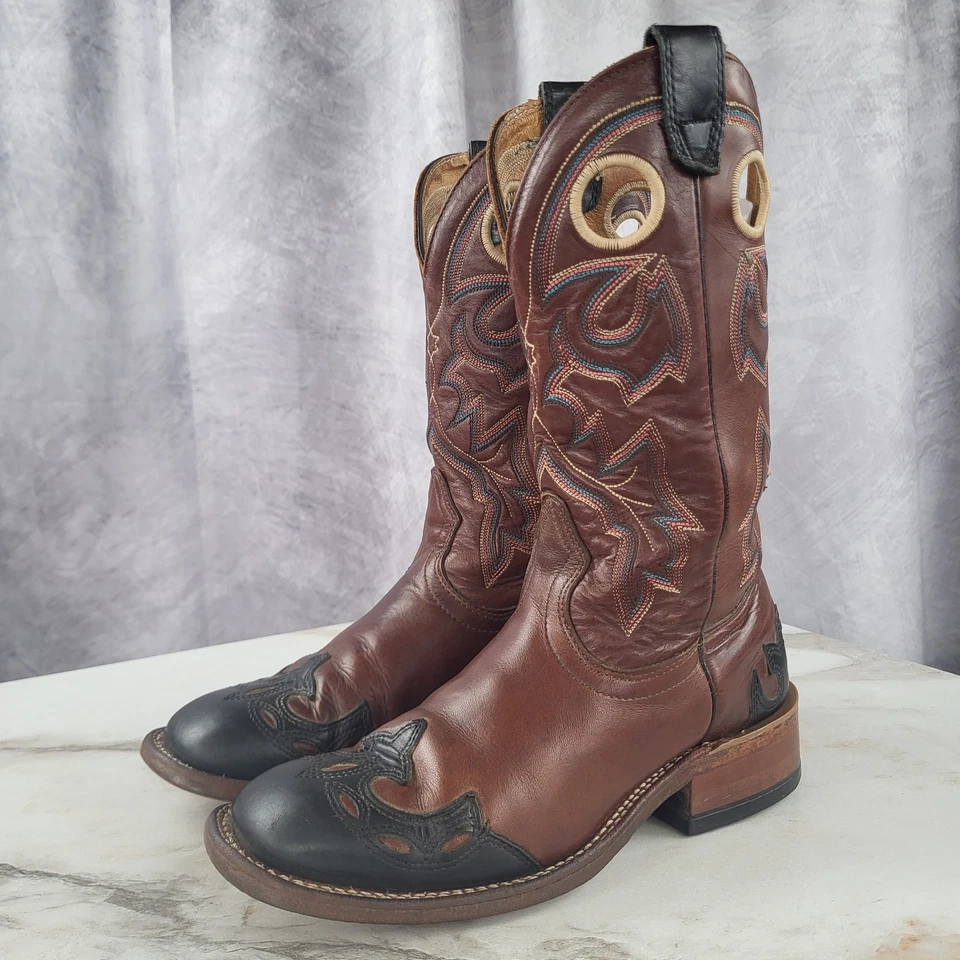 Botas vaqueras occidentales punta de ala punta cuadrada Boulet para mujer talla 7 C negras/marrones Foto 4 de 4