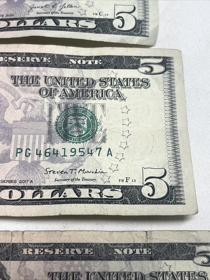 LOT OF 3,  US $5 Dollar Date Note Fancy Serial#  1954, 1957,1961 - Image 3 of 4