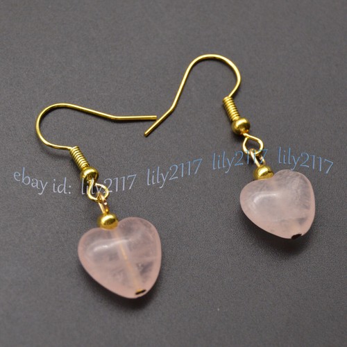 12mm Natural Pink Rose Quartz Heart Shaped Gemstone Beads Dangle Hook Earrings - Picture 5 of 6