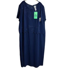 R&M Richards Womens Dress Plus Size 26W Petite Navy Blue Beaded Mother of Bride