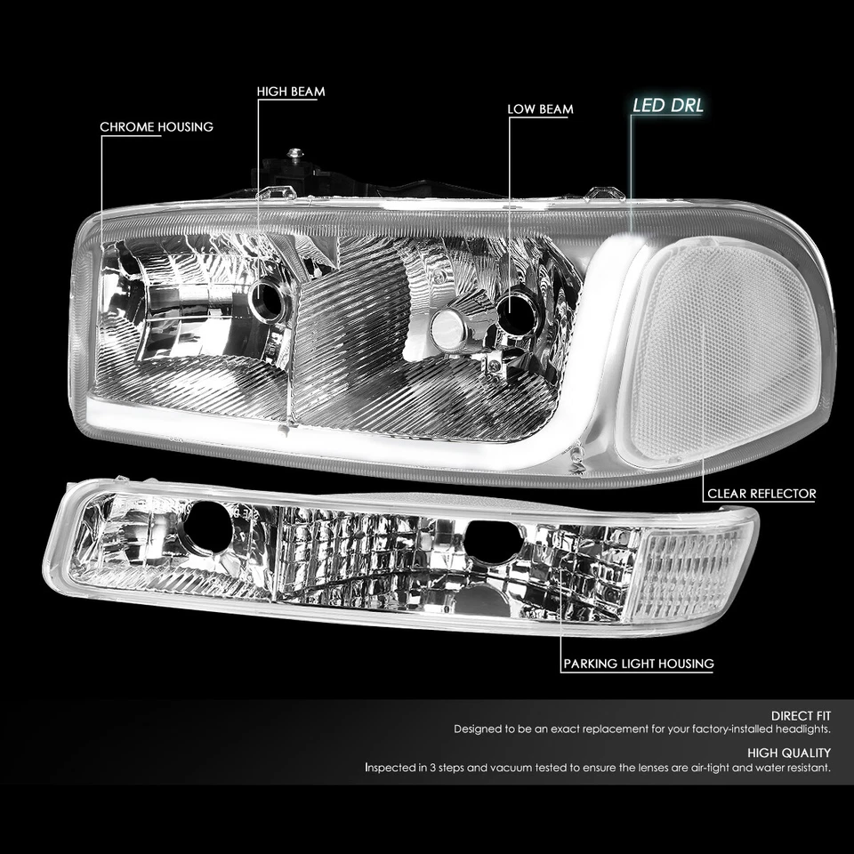 PARA 1999-2007 GMC SIERRA/YUKON LED DRL CROMO FARO TRANSPARENTE + LÁMPARA DE SEÑAL PARACHOQUES Foto 2 de 4