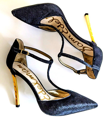 Sam Edelman High Heel Strappy Black Fur Gold Stiletto New Perfect Size 6.5