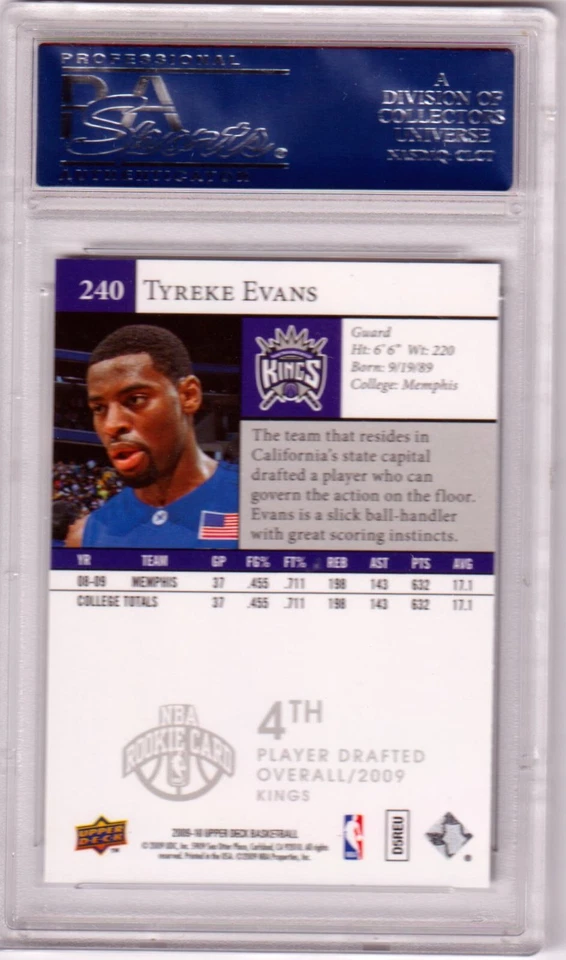 Tyreke Evans 2009-10 Upper Deck RC Rookie #240 PSA 10 GEMA COMO NUEVO POP 13 - KINGS Foto 2 de 2