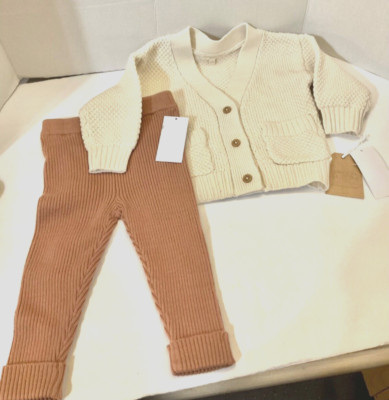 Grayson Collective Baby Cardigan & Ripped Leggings Set Cream/Brown 12M NWT!