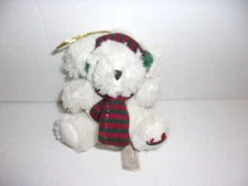 HugFun White Teddy Bear Red Green Striped Scarf Ornament Mini Plush 5"