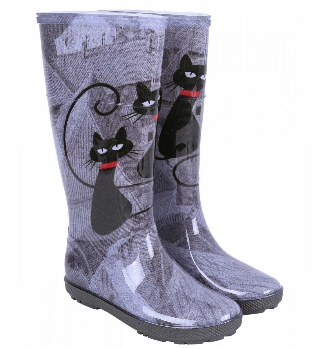 Ladies Wellies Grey Cats Print Design PVC Waterproof