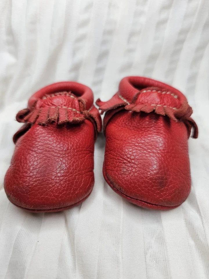 Freshly Picked Baby Sz 2 Red Leather Moccasin USA Slip On Soft Shoe Boy Girl Uni - Image 2 of 4