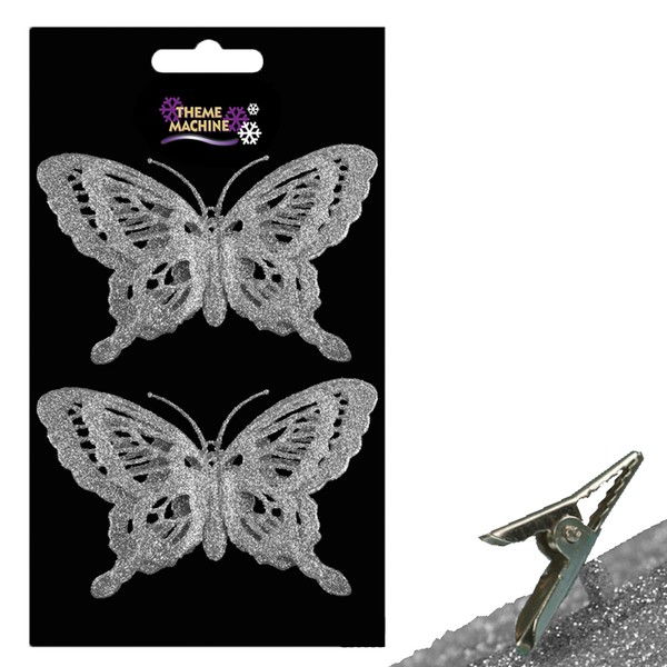 Theme Machine 2Er Set Clip-On Glitzer Schmetterling Weihnachtsbaum Deko - Silber-image