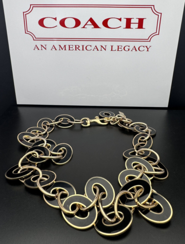 Coach Vintage Turnlock Link Chain Enamel Black Gold Necklace Hip Belt Reversible - Afbeelding 1 van 7