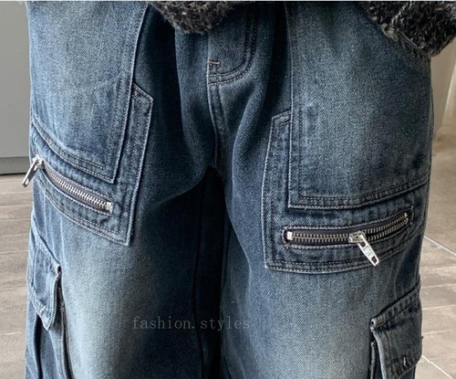 Boy's Kids Denim Blue Jeans Pockets Wide Leg Straight Punk Hip Hop Pants Loose - Picture 19 of 22