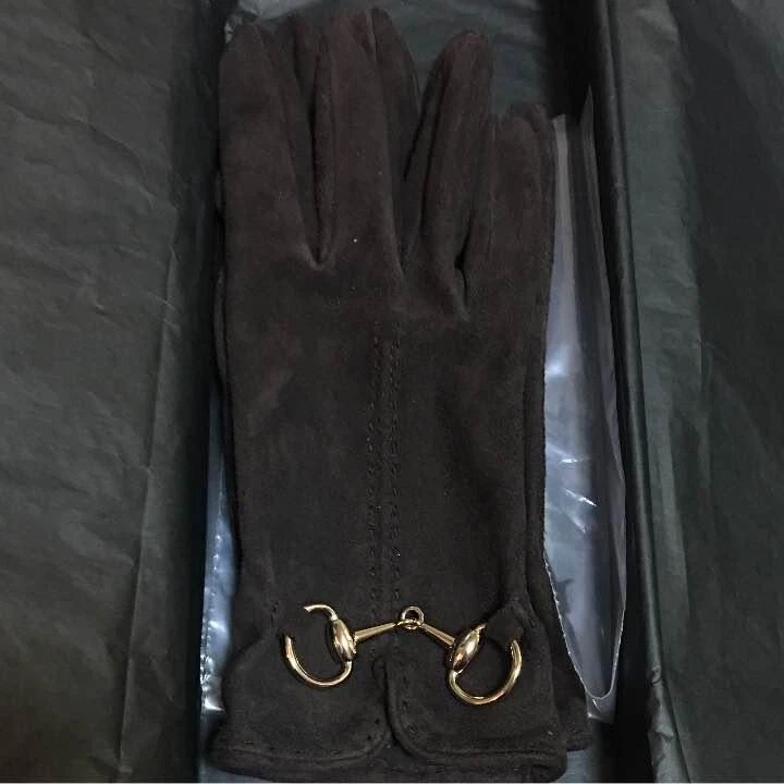 Auténticos Guantes Gucci Horsebit Negro Marrón Oscuro Gamuza 6 1/2 Talla Italia con Caja Foto 3 de 4