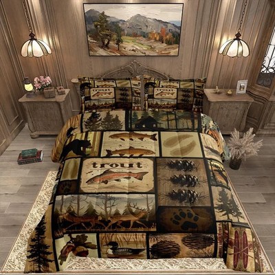 Feelyou Rustic Cabin Comforter Set Queen Size, Wildlife Hunting Quilt Set Bear D
