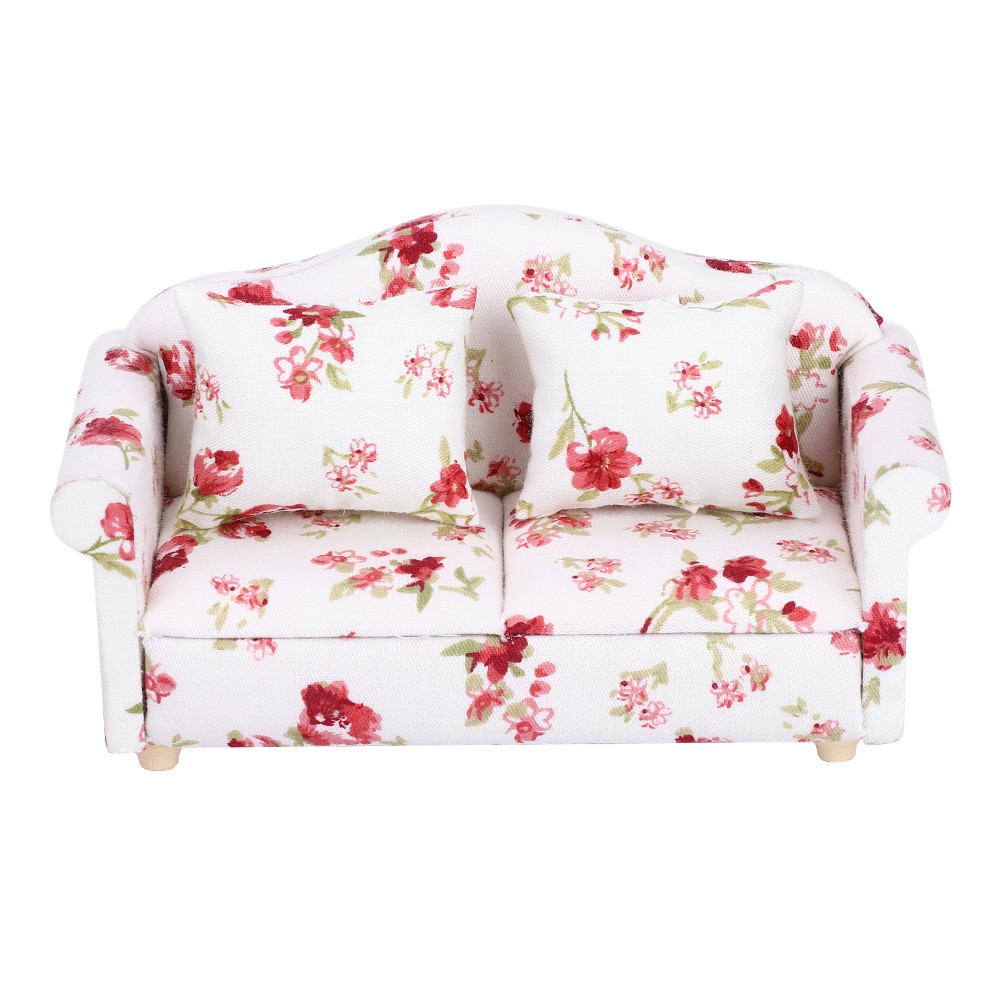 Dollhouse Double Sofa Elegant Flower Pattern Mini Furniture For 1/12 Scale Dolls