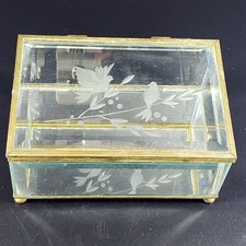 Vintage Mirrored Footed Brass Tone Etched Bird Beveled Glass Trinket Jewelry Box
