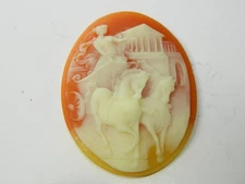 VINTAGE WOMAN RIDING A CHARIOT CARVED UNMOUNTED LOOSE RESIN CAMEO PEACH & WHITE