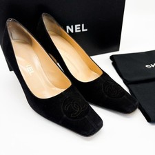 CHANEL Coco Mark Pumps Suede Black Women's Size EU36/US5.5