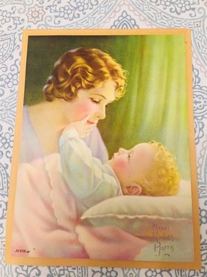 Vtg Mabel Rollins Harris Loves Caresses Calendar Art Litho Print Mother Baby