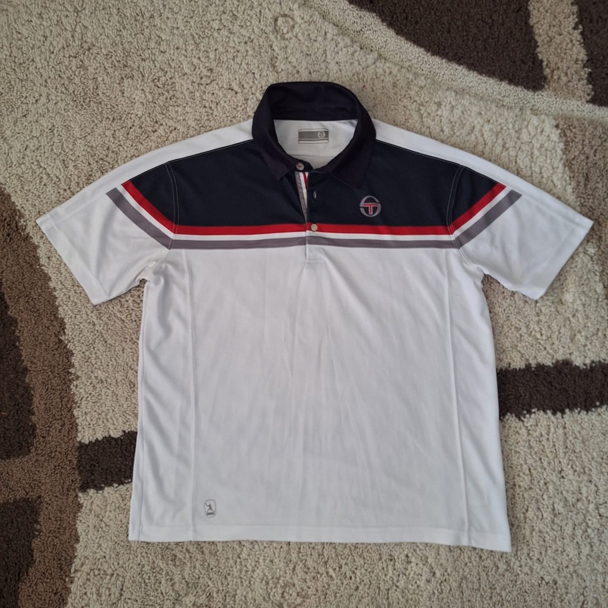 Sergio Tacchini Tennis Polo Shirt Mens L White Navy Red Stripe