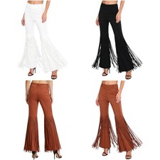 Women Bell Bottom Fringed Trousers Flared Pants Gothic Themed Western Disco