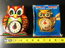 Vintage &ldquo;TELL TIME&rdquo; Owl Clock Savings Tin Bank Sonsco Japan w/BOX! WORKS!